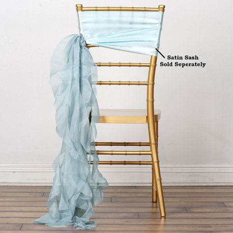 Ice blue Chiffon Curly Chair Sash | eFavorMart Wedding Chair Sashes, Chair Sash, Chair Sashes, Chiavari Chairs, Bow Tie Wedding, Chiffon Fashion, Colorful Chairs, Beautiful Centerpieces, Wedding Chairs