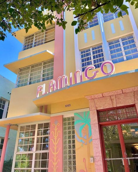 Miami | Hotels | Restaurants | Guides | There is no shortage of colorful Art Deco buildings throughout Miami Beach. The Flamingo Plaza pictured here was originally a hotel, but... | Instagram Miami Restaurant Aesthetic, Beach Aesthetic Interior, Miami Art Deco Interior, Miami Beach Aesthetic, Colorful Art Deco, Miami Art Deco, Miami Hotels, Vintage Miami, Art Deco Buildings