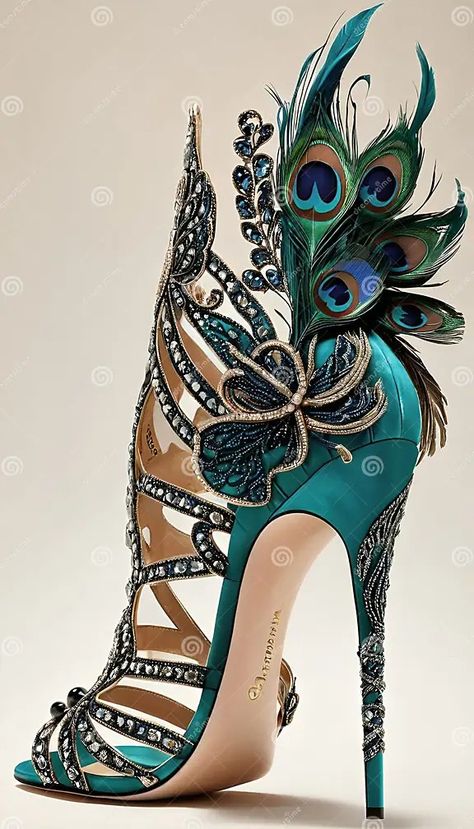 AI Generated Illustration of an Elegant High Heel Shoe Adorned with Vibrant Peacock Feathers Stock Image - Image of sparkling, heel: 303887233 Peacock Heels, Peacock Wedding Inspiration, Peacock Shoes, Fantasy Shoes, Whimsical Shoes, Peacock Images, Feather Heels, Fairy Shoes, Elegant High Heels