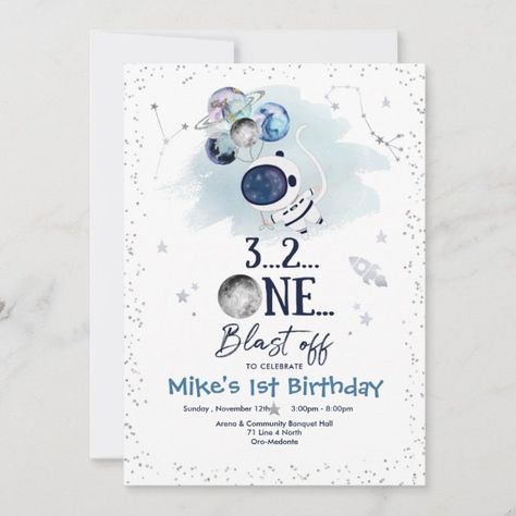 Outer Space Birthday Party Planet Astronaut Rocket Invitation | Zazzle Astronaut 1st Birthday Invitation, Astronaut Birthday Invite, Astronaut Party Invitations, Rocket First Birthday Party, Planet First Birthday, Outer Space Invitation Template, 1st Birthday Rocket Theme, Blast Off 1st Birthday Party, Astraunaut Birthday Theme