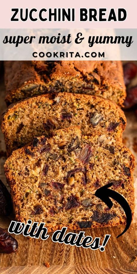 Enjoy super moist and delicious easy zucchini date-nut bread. Zucchini Bread With Dates, Zucchini Date Bread, Zucchini Nut Bread Recipe, Date Nut Bread Recipe Moist, Zucchini Nut Bread, Bread Zucchini, Easy Zucchini Bread Recipes, Moist Zucchini Bread, Date Bread