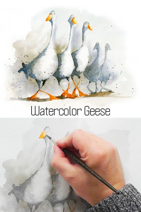 Five white geese being painted in watercolor Watercolor Intermediate, Watercolor Geese, Watercolor Paintings Ideas, Painting Tutorial Watercolor, Goose Watercolor, Geese Painting, Video Watercolor, Watercolor Birds Tutorial, Goose Drawing