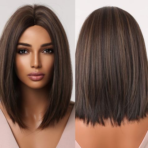 Natural Hair Wigs, Brown Blonde Hair, Dark Brown Hair, Bob Wigs, Blonde Highlights, Bobs Haircuts, Dark Hair, Synthetic Hair, Bob Hairstyles