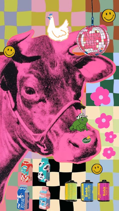 fun! #cow #colorful #pink #poster #collage Cow Collage Wallpaper, Cow Collage, Japanese Vibes, Poster Collage, Cow Illustration, Cow Pictures, Collage Wallpaper, Pink Cow, Cow Art