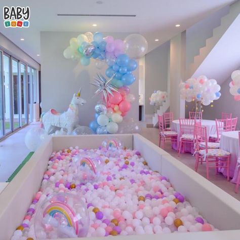 White Ball Pit from Baby Zone Miami Unicorn And Rainbow Birthday Party, White Ball Pit, Ball Pit Party, Birthday Party Unicorn, Birthday Party Idea, Unicorn And Rainbow, Unicorn Themed Birthday Party, Girl Bday Party, Girl Birthday Decorations