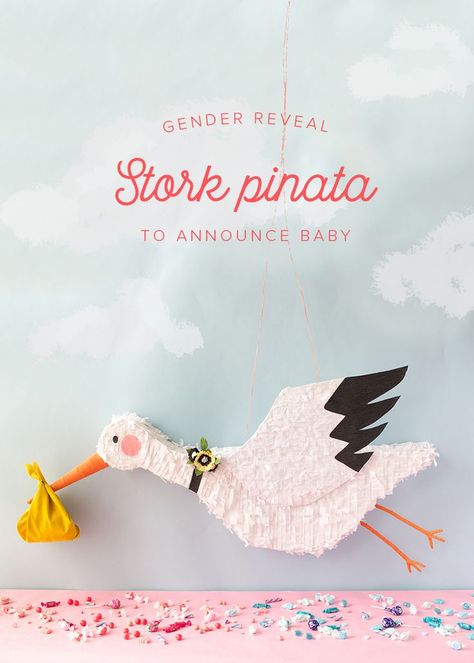 Gender reveal stork pinata - The House That Lars Built Storch Baby, Gender Reveal Pinata, Décoration Baby Shower, Pinata Diy, Creative Gender Reveals, Gender Reveal Party Ideas, Reveal Party Ideas, Stork Baby Showers, Gender Reveal Unique