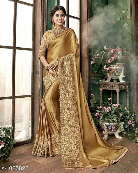 How To Wear A Heavy Saree - 10 Best Styling Tips & Ideas Bollywood Designer Sarees, Golden Saree, Party Wear Saree, Satin Saree, Elegant Saree, Outfit Trends, Wear Saree, Saree Look, Fancy Sarees