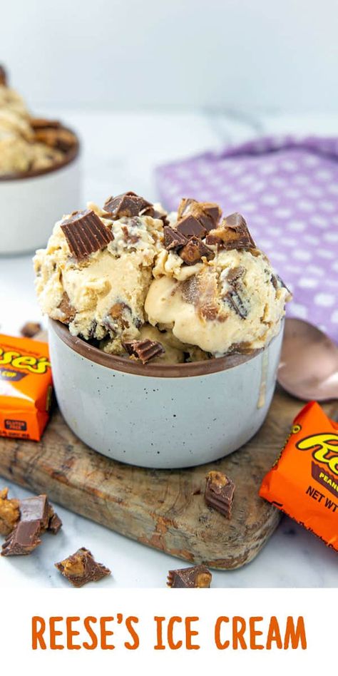 This Reese's Ice Cream has a rich and creamy peanut butter ice cream base and is packed with chopped Reese's Peanut Butter Cups and a peanut butter swirl. It's a peanut butter lovers' dream ice cream and easy to make at home! Reeses Ice Cream, Cozy Winter Night, Frozen Recipes, Reese's Peanut Butter Cups, Butter Ice Cream, Peanut Butter Ice Cream, Peanut Butter Sauce, Ice Cream Base, Ice Cream At Home