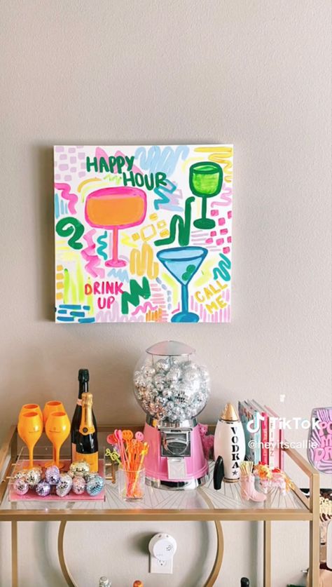 Bright Color House Decor, Colorful Boho Decor Living Room, College House Painting Ideas, Fun Colorful Kitchen, Colorful College Apartment Living Room, Painting For College Apartment, Diy College Apartment Decor Crafts, Paintings For College Apartment, Barcart Decorating Ideas