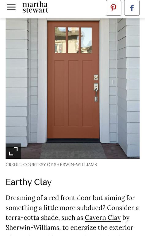 Front Door Mid Century Modern Exterior Colors, Clay Front Door, Terracotta Front Door, Burnt Orange Front Door, Exterior House Paint Color Schemes, Flip Homes, Mid Century Modern Front Door, Mid Century Modern Door, Painted Exterior Doors