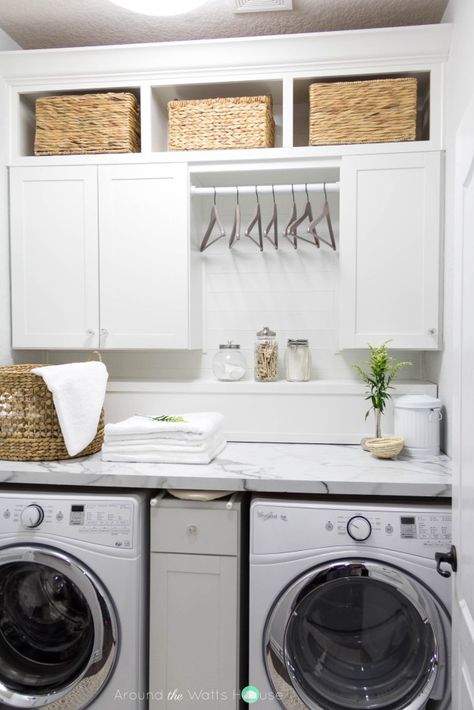 One Room Challenge-Week 6-Laundry Room Reveal | Iris Nacole Laundry Room Storage Shelves, White Laundry Rooms, Small Laundry Room Organization, Room Storage Diy, Laundry Ideas, Basement Laundry Room, Basement Laundry, White Laundry, Laundry Room Cabinets