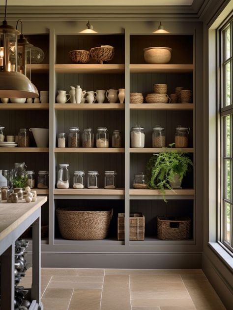 Chislehurst Family Home - Pantry ⁠ Storage was fundamental to creating the clean and organised interior that our clients wanted, so we designed bespoke joinery in each reception room, a dressing room in the master suite and a pantry beside the kitchen.  The palette for the interior is grounding, inspired by the neighbouring woodland.  ⁠ #natureinspiredinteriors #sustainableinteriors #wellnessinteriors #healthyhomes #pantry Kitchen Pantry Colors, Bookshelf In Pantry, Taupe Pantry, Open Storage Pantry, Butler Pantry And Laundry Room, Hutch Pantry Ideas, English Country Pantry, Pantry Wall In Kitchen, Small Built In Pantry