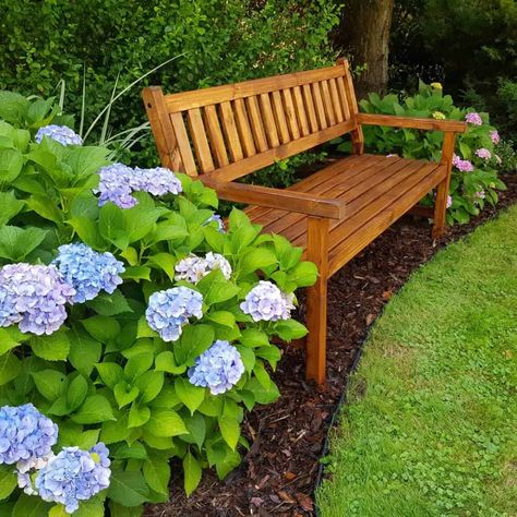 Memorial Garden Bench Ideas, Garden Benches Wooden, Outdoor Bench Landscaping, Bench In Landscaping, Shade Garden With Bench, Bench In A Garden, Garden Bench Aesthetic, Backyard Bench Garden, Flower Garden Seating Ideas