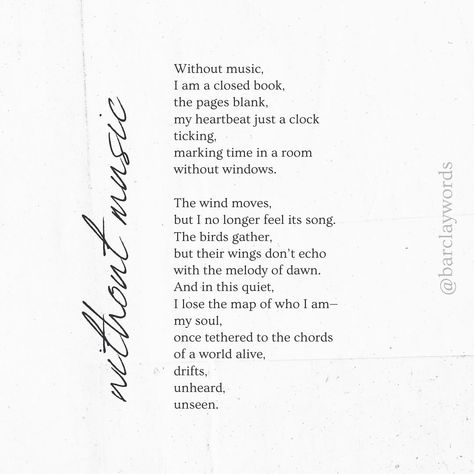 Life, without music, Could we bear the silence? Read the full poem on my blog! Link in bio 🤗 Silence Poems, We Bear, Losing Me, In A Heartbeat, My Blog, Link In Bio, Poetry, Songs, Reading