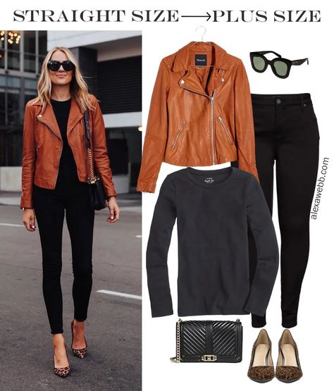 A plus size leather motorcycle jacket outfit for fall with black jeans and a black t-shirt, topped with a cognac or tan moto jacket. Brown Motorcycle Jacket Outfit Women, Brown Motorcycle Jacket, Tan Leather Jacket Outfit, Leather Motorcycle Jacket Outfit, Leather Moto Jacket Outfit, Motorcycle Jacket Outfit, Brown Leather Jacket Outfit, Camel Leather Jacket, Lil Twist