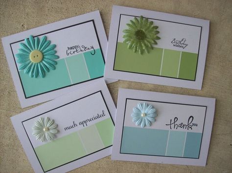 Paint Chip Card Set Paint Samples Crafts, Handmade Cards Ideas, Chip Ideas, Paint Chip Cards, Paint Sample Cards, Cards With Flowers, Paint Chip Crafts, Paint Chip Art, Chip Art