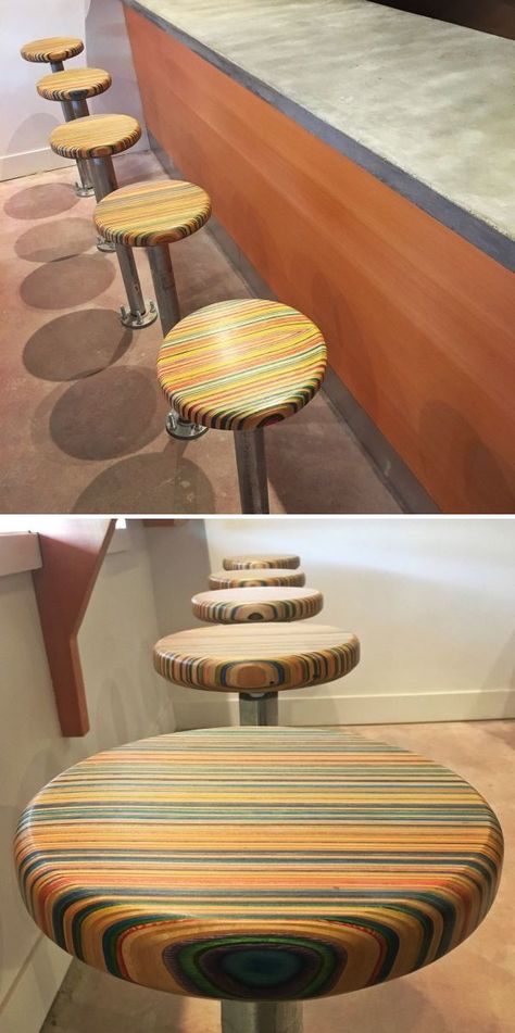 Recycled Skateboard Stool by Iris Skateboards at Raymond's Pizzeria Skateboard Restaurant, Recycled Skateboard Furniture, Skateboard Woodworking, Skateboard Upcycle, Skateboard Recycle, Skateboard Projects, Skateboard Room, Skateboard Furniture, Recycled Skateboards