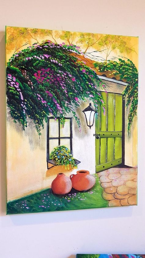 Easy Garden Painting Canvas, Village Drawing, Abstract Painting Diy, Sky Art Painting, Canvas Art Quotes, Simple Canvas Paintings, Beautiful Art Paintings, Canvas Painting Designs, Landscape Art Painting