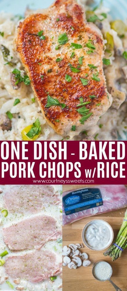 AD One Dish Baked Pork Chops with Asparagus & Mushroom Rice Pork Loin And Rice Recipes, Pork Chop Rice Bake, Pork Chops And Asparagus, Pork And Rice Casserole, Pork Chop Rice Casserole, Baked Pork Chops And Rice, Baked Pork Loin Chops, Pork Chops With Rice, Mushroom Soup Pork Chops