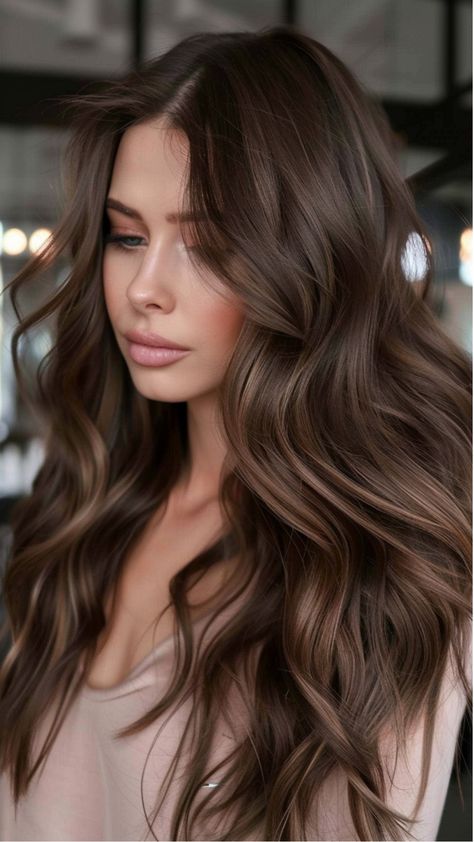 Woman with long, wavy brown hair looking down, wearing a light-colored blouse. Caramel Balayage Highlights, Full Balayage, Fall Balayage, Brown To Blonde Balayage, Bronde Balayage, Caramel Balayage, Brunette Balayage Hair, Brown Balayage, Balayage Hair Blonde