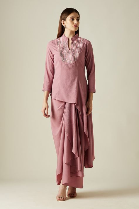 Buy Aakaar Pink Moss Crepe Sophie Tunic And Draped Skirt Set Online | Aza Fashions Skirt Fabric, Draped Skirt, Power Dressing, Lakme Fashion Week, Embroidered Tunic, Indo Western, Indian Designer, Indian Designer Wear, Indian Design