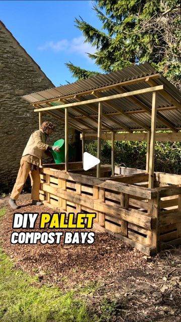 Jamie Walton | Nettles & Petals on Instagram: "DIY Compost Bays using Pallets 🌱  A good composting system is the heart of the vegetable garden, creating nutrient rich compost to mulch the garden and feed the soil. 🪱  I decided to make the compost bays for the new garden using pallets as they are cheap, or free, and generally easy to access.   The section of the new garden I chose for the bays had been neglected for a number of years, so was really overgrown with ivy and holly. 🌿  It took me a while, but I eventually cleared the area and then levelled it off ready for the pallets. 😅  For garden use opt for heat treated (HT) and stay away from any which have (MB) printed on them, which means they’ve been treated in a harsh pesticide called Methyl Bromide.   Once the main structure was fi Compost Pallet, Garden Using Pallets, Composter Diy, Desert Farming, Allotment Ideas Inspiration, Compost Area, Pallet Compost, Composting System, Compost Bin Pallet