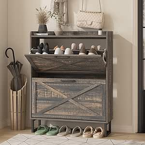 Maupvit Shoe Storage Cabinet with 2 Flip Drawers, Freestanding Organizer with Metal Legs for Entryway, Narrow Shoe Rack Cabinet, Dark Rustic Oak Hidden Shoe Storage, Slim Shoe Cabinet, Contemporary Color Schemes, Shoe Cabinet Entryway, Narrow Shoe Rack, Hidden Cabinet, Narrow Shoes, Shoe Storage Cabinet, Metal Drawers