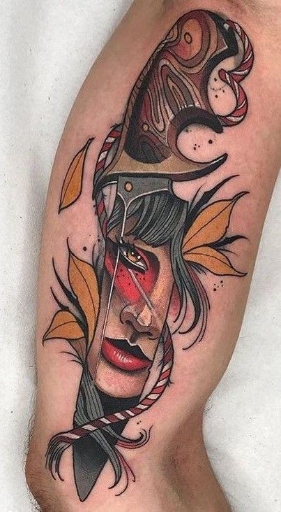 Neotraditional Knife Tattoo, Neo Traditional Knife Tattoo, Neo Traditional Cowgirl Tattoo, Neo Traditional Dagger Tattoo, Traditional Knife Tattoo, Reflection Tattoo, Traditional Dagger, Cowgirl Tattoos, Medusa Tattoo Design