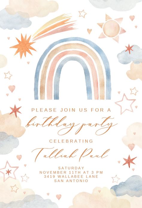 Soft Pastel Rainbow - Birthday Invitation Template | Greetings Island Birthday Invitation Design, Rainbow Birthday Invitations, Pastel Birthday, Birthday Inspiration, Template Birthday, Greetings Island, Bear Bear, Birthday Invitation Template, 1st Birthday Invitations