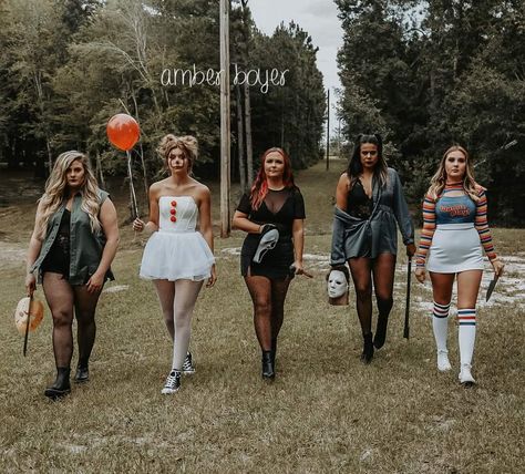 Crazy Group Costumes, Michael Meyers Womens Costume, Saw Movie Halloween Costume, Classic Slasher Costumes, Costume Ideas Family Of Five, Scary Trio Halloween Costumes Women, Horror Characters Costumes Women, Fun Group Costume Ideas, Huge Group Costumes