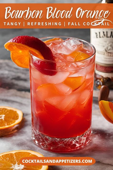 Easy to make with just 3 ingredients, this simple Blood Orange Bourbon is a tangy and refreshing cocktail.  The perfect balance of sweet and sour with a touch of boozy, this blood orange bourbon with a touch of fizz is the perfect Fall cocktail. A holiday drink recipe your guests will love at Thanksgiving and through the Christmas holidays. Blood Orange Whiskey Sour, Sweet Bourbon Drinks, Blood Orange Bourbon Cocktail, Thanksgiving Cocktail Recipes Easy, Blood Orange Recipes Drinks, Holiday Cocktails Thanksgiving, Fall Mixed Drinks, Bourbon Mixed Drinks, Fall Cocktail Recipes