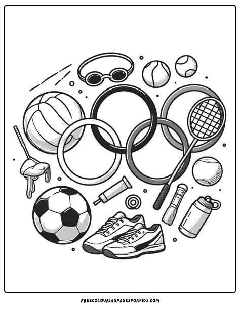 the iconic Olympic rings surrounded by various sports equipment Olympic Games For Kids, Olympic Colors, Free Kids Coloring Pages, Kid Coloring Page, Summer Olympic Games, Free Coloring Sheets, Coloring Sheets For Kids, Going For Gold, Young Athletes