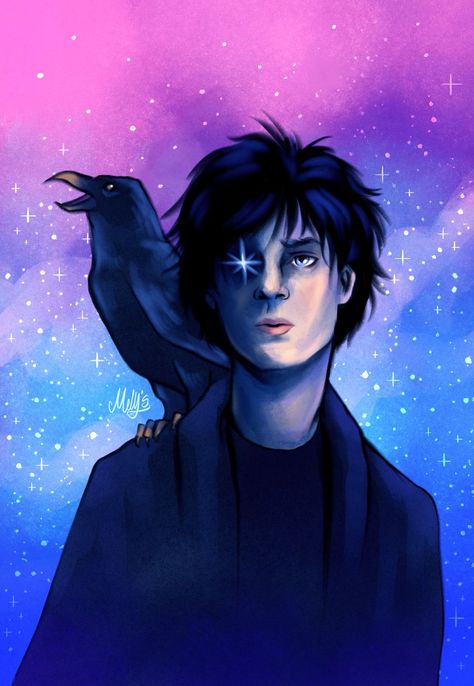 Morpheus (played by Tom Sturridge) looking up, Matthew the Raven sits on his right shoulder, his beak is open. The background is blue and pink with stars on it Morpheus The Sandman, The Sandman, The Raven, Last Dance, Geek Stuff, Anime, Fictional Characters, Art