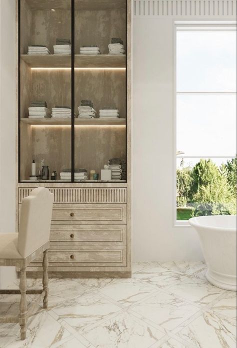 Modern Linen Cabinet, Primary Ensuite, Bathroom Linen Closet, Luxury Master Bathrooms, Cabinet Detailing, Master Bathrooms, Linen Cupboard, Bathroom Linen Cabinet, Primary Bathroom