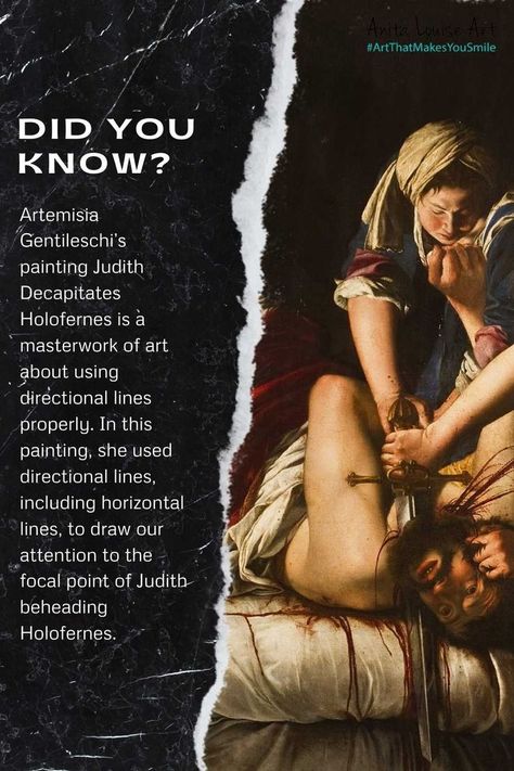 Artemisia Gentileschi understood the power of what directional lines could do to create a focal point for her paintings. She knew that our eyes would focus at the pivotal point by using the principles of directional lines and contrasting colors. #AnitaLouiseArt #ArtThatMakesYouSmile #GreatArtists #AmazingArtists #HistoryofArt #ArtemisiaGentileschi Gentileschi Artemisia, Anita Louise, Landscape Photography Art, Artemisia Gentileschi, Inspiring Artists, Social Media Art, Pig Art, Famous Paintings, Amazing Paintings