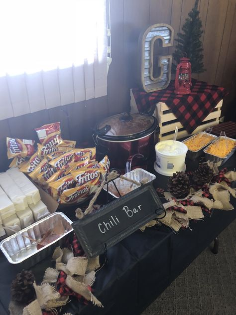 Chili Bar Party Winter, Wild One Birthday Party Buffalo Plaid, Gender Reveal Bonfire Party Ideas, Lumberjack Baby Shower Theme Food, Lumberjack Wedding Ideas, First Birthday Lumberjack Theme, Lumber Jack Baby Shower Theme, 1st Birthday In December Party Ideas, Smores First Birthday