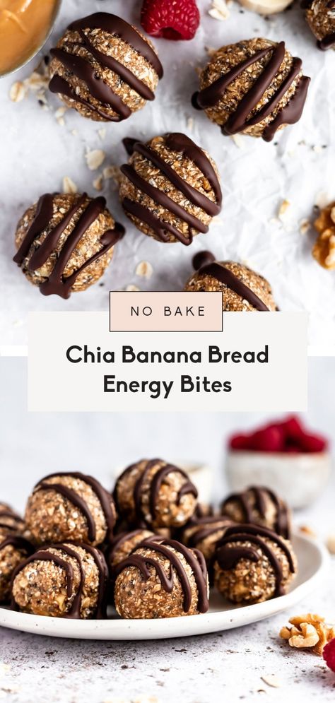 Delicious and easy chia banana energy bites that taste like a slice of your favorite banana bread! These no bake peanut butter banana energy bites are made with creamy peanut butter, banana, heart-healthy walnuts, oats, chia seeds, protein powder and a drizzle of chocolate. Easily vegan & gluten free for the perfect on-the-go snack or breakfast! Chia Banana Bread, Banana Energy, Ambitious Kitchen, Peanut Butter Roll, Baked Banana, On The Go Snacks, Toasted Walnuts, Banana Healthy, Energy Bites