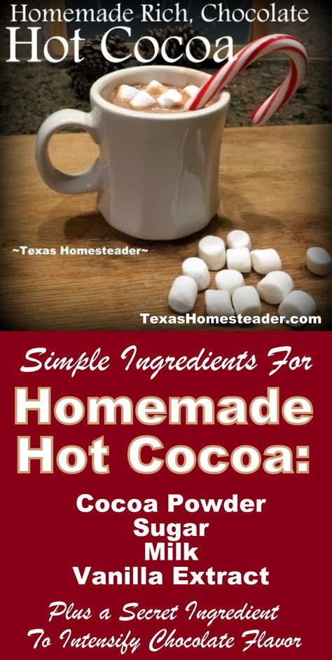 Easy Homemade Hot Cocoa Recipe. ~ Texas Homesteader ~ Hot Cocoa Recipe With Milk, Homemade Dark Chocolate Hot Cocoa, How To Make Homemade Hot Cocoa, Easy Homemade Hot Cocoa, The Best Homemade Hot Chocolate, Recipe For Hot Cocoa, Hot Cocoa Recipe Crock Pot Easy, Old Fashion Hot Cocoa Recipe, Homage Hot Chocolate