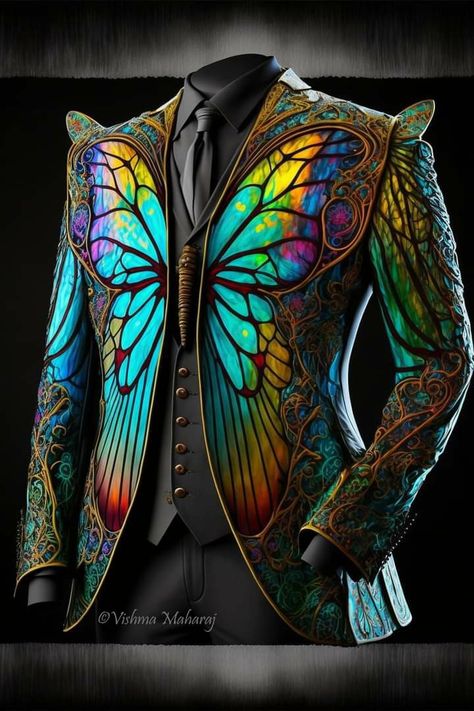 ꧁༒☬𝓡𝓮𝓰𝓪𝓵 ☬༒꧂ The male Monarch butterfly inspired suit. c~ midjourney Butterfly Suit, Vishma Maharaj, Butterfly Man, Fairy Butterfly, Fairy Clothes, Fantasy Gowns, Fantasy Costumes, Butterfly Dress, Fantasy Dress