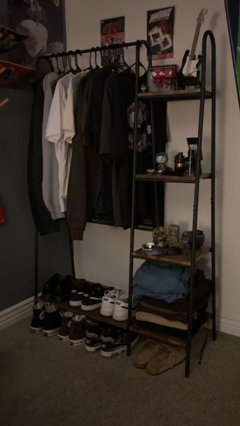 Guys Room Aesthetic Retro, Shoe Fanatic Room, Guy Room Inspo Aesthetic, Aesthetic Room For Men, Skater Aesthetic Bedroom, Spiderman Room Ideas Aesthetic, Tomboy Room Aesthetic, Skateboard Room Aesthetic, Mens Shoe Rack