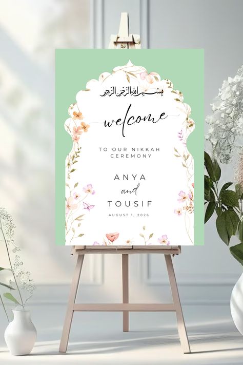 Nikkah wedding welcome sign in mint green with Arabic calligraphy Nikah Welcome Board, Nikkah Sign Boards, Nikkah Welcome Board, Nikkah Welcome Sign, Nikkah Ceremony, Nikkah Wedding, Reception Stage, Reception Stage Decor, Nikah Ceremony