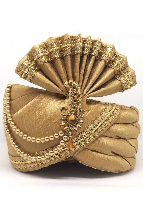 Readymade Art Dupion Silk Turban in Beige Allured with Kilangi, Beads and Lace Border Work Do Note: Slight variation in actual color and Lace vs. image is possible. Traditional Wedding Accessories, Wedding Turban, Royal Indian Wedding, Silk Turban, Velvet Turban, Groom Accessories, Turban Style, Dupion Silk, Wedding Fabric