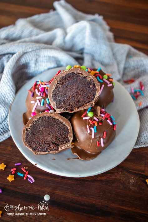 Chocolate cake balls are super easy to make and a fun treat for everyone! Make these with the kids and they'll think it's the best! #cake #chocolate #chocolatecake #cakeballs #chocolatecakeballs #howtomakecake #howtomakecakeballs Chocolate Cake Balls, Vegetarian Chocolate Cake, Unfrosted Cake, Chocolate Cake From Scratch, Cake Ball Recipes, Cake Ball, Homemade Chocolate Cake, Crumble Cake, Healthy Cake Recipes