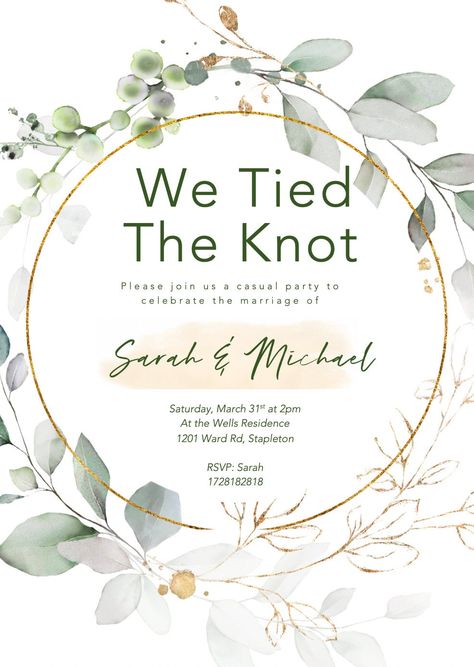 "We tied the knot! This gorgeous, boho elopement reception invitation is every bride dreams. Featuring watercolor greenery designs and gold, this will really brings your guests into your bohemian wedding reception. Say \"WE DID\" with this elopement invitation today. This listing includes a completely edited digital invitation FILE! Simply choose your option from the menu and leave all your shower details in the cart. You will receive a ready to print file within the time frame you selected. You Elope Party, Reception Invitation Cards, Reception Invitation Wording, Wedding Reception Invitation Wording, Reception Invite, Bohemian Wedding Reception, Vintage Reception, Nothing Fancy Just Love, Reception Only Invitations