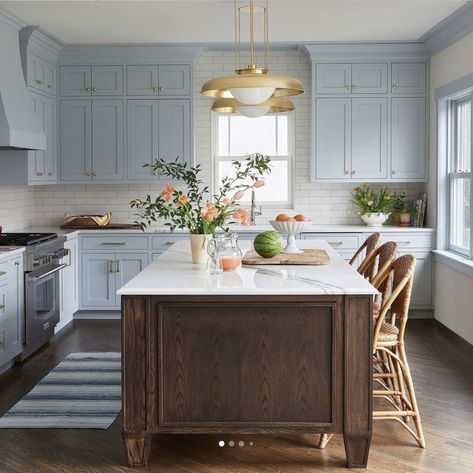 Wood Island Kitchen, Bunk Loft, Light Blue Kitchen, Dining Room Cabinet, Hardwood Floors Dark, Wood Island, Trending Paint Colors, Craftsman Kitchen, Dining Room Wallpaper