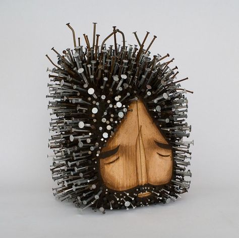 Figurative Found Wood Sculptures Pierced with Hundreds of Nails by Jaime Molina | Colossal Carved Wood Sculpture, Sculptured Nails, Wood Sculptures, Colossal Art, Found Object Art, Junk Art, Recycled Art, Assemblage Art, Wooden Sculpture