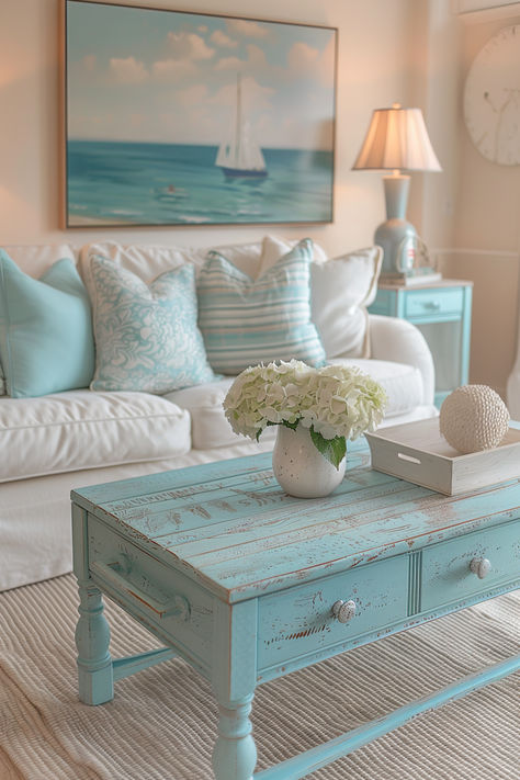 summery living room, beachy living room, coastal living room, blue and white living room decor Beach Decor Ideas For The Home, Tiny Coastal Living Room, Sea Style Interior, Beach House Bar Ideas, Beach Condo Living Room Ideas, Turquoise And White Aesthetic, Cute Home Decor Ideas Living Room, Decorating Ideas For The Living Room, Coastal Living Room Blue Couch