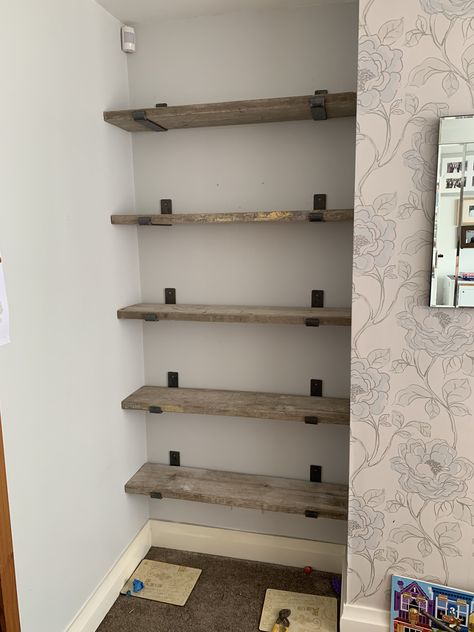 Scaffold board shelving in alcove Scafold Board Shelves, Alcove Shelves Diy, Kitchen Alcove Shelving, Scaffolding Board Shelves, Scaffold Board Shelves Living Rooms, Shelves In Alcoves, Diy Alcove Shelves, Scaffolding Shelves, Scaffold Shelves