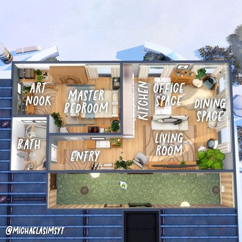 Michaela Sims | Sims 4 Builder on Instagram: "And finally the floor plan of my Modern Blue Apartment 💙 I had so much fun with playing with CC and renovating this particular apartment! 💙 Origin ID: michaelasimsyt 💙 Speedbuild on my YT channel, link in bio ________________ 🏷 the sims 4 | the sims 4 house | the sims 4 ideas | sims 4 speedbuild | sims 4 exterior #thesims4house #thesims4mods #sims4house #simshouse #sims4builds #sims4housebuild #sims4speedbuild #sims4cc #simsbuild #instasims #sims San Myshuno Apartment Layout, Sims 4 Small Apartment Ideas, Ts4 Apartment Plan, Sims 4 San Myshuno Apartment Ideas, Sims 4 Small Apartment Floor Plans, Sims 4 First Apartment, Sims San Myshuno, San Myshuno Apartments Layout, San Myshuno Apartments Sims 4