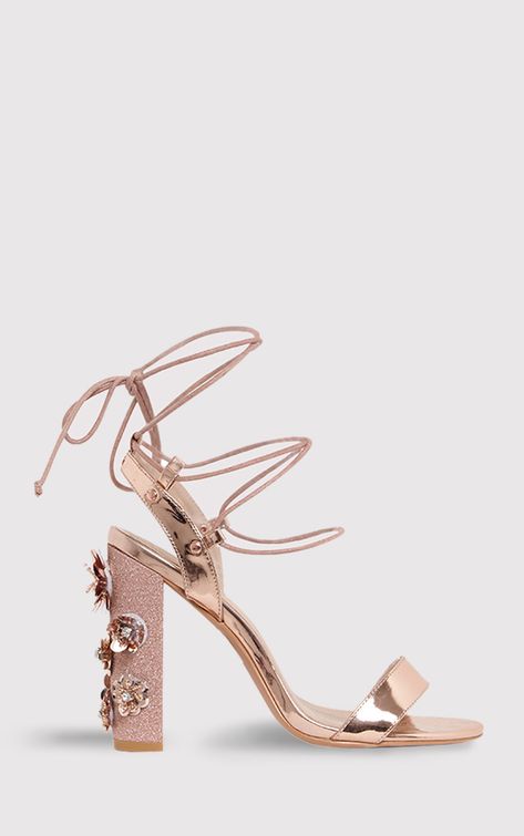 Evy Rose Gold Embellished Block Heeled Sandals Pink Heeled Sandals, Pink Block Heels, Pink Sandals Heels, Hak Tinggi, Heel Sandals Outfit, Rose Gold Shoes, Rose Gold Heels, Rose Gold Sandals, Pretty Sandals